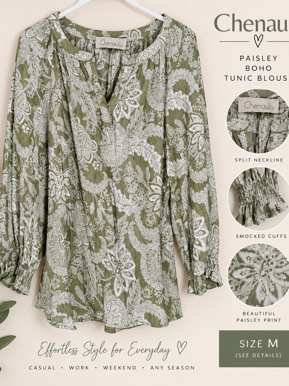 Chenault Paisley Boho Tunic Blouse Olive Green M